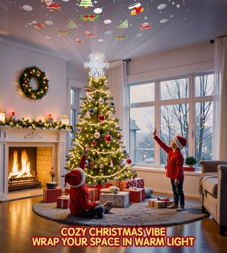 Christmas Tree Topper Lighted Decorations, Built-in Led 360° Rotating Projector Lights, Silver Spangles Plug in for Indoor Home Xmas New Year Party Holiday Night Tree Decor - Image 5