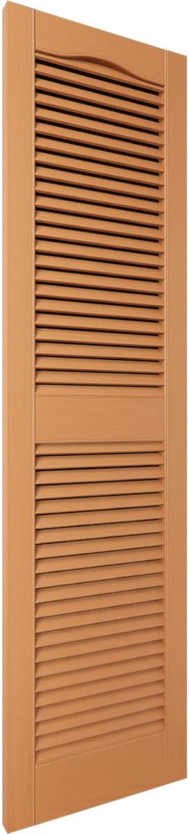 12"W x 64"H Lifetime Vinyl, Standard Cathedral Top Center Mullion, Open Louver Shutters, w/Installation Shutter-Lok's & Matching Screws (Per Pair), Treated Cedar