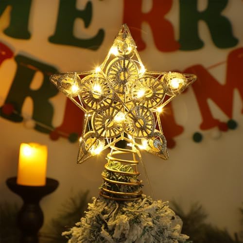 Juegoal Star Tree Topper with 20 LED Lights, Metal Golden Lighted Treetop Ornaments, Battery Powered Light Up Christmas Tree Decorations, 6.5 x 6.5 Inches - Image 4