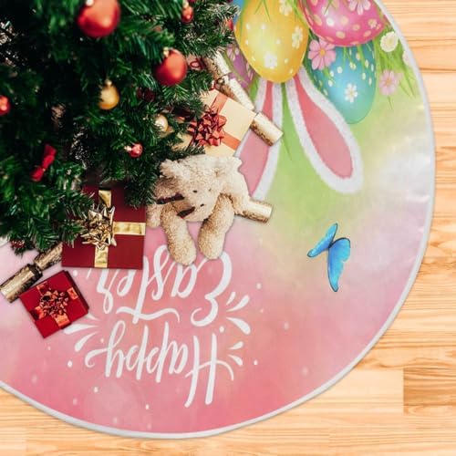 SUABO Easter Eggs Grass Butterflies Tree Skirt 48 Inch,Bunny Ears Xmas Tree Floor Door Mat for Party Decoration Holiday Decor Home Indoor Outdoor - Image 5