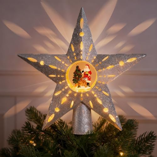 Silver Rotating Christmas Tree Topper Star with Santa Scene, 4 Warm Yellow LED Lights, Spinning Motion, Glitter Silver Finish, Tree Decoration with 9.8FT Power Cord for Holiday Home Decor by IPOW