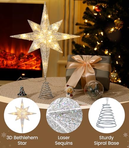 Luxspire Christmas Tree Topper, Lighted Star Tree Topper with USB Plug-in & Remote Control, 10" LED Christmas Decorations Light, Xmas Trees Vintage Ornament for Home, Bethlehem Star-Silver - Image 5