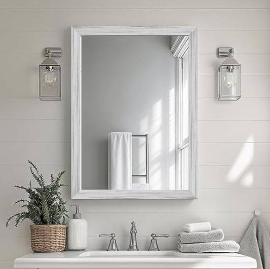 White Wood Effect Framed Wall Mirror, 20x30 Rectangle Mirror, Anti-desilvering Tempered Glass, Sustainable& Sturdy Frame, Farmhouse Mirror, Anti-Rust, 3min Fast Setup for Bathroom Living Room