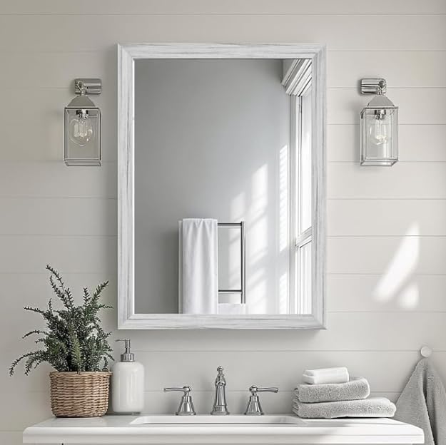 White Wood Effect Framed Wall Mirror, 24x32 Rectangle Mirror, Anti-desilvering Tempered Glass, Sustainable& Sturdy Frame, Farmhouse Mirror, Anti-Rust, 3min Fast Setup for Bathroom Living Room