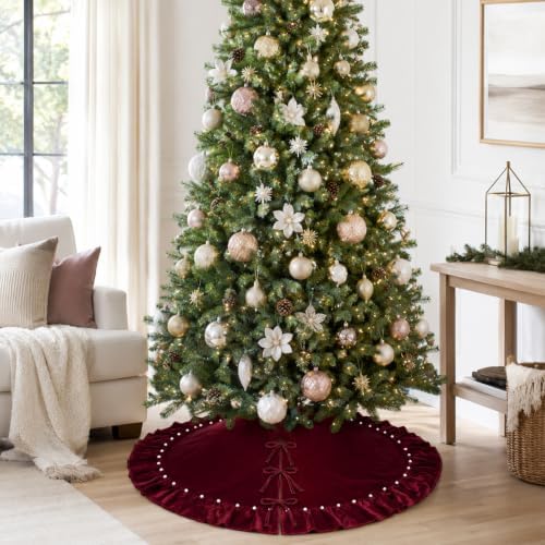 59-Inch Burgundy Ruffled Velvet Christmas Tree Skirt with Pearl-Trimmed Pleated Edge and Bow Ties, Extra Large Round Xmas Tree Base Cover for Holiday Home and Party Decor, 150 cm - Image 6