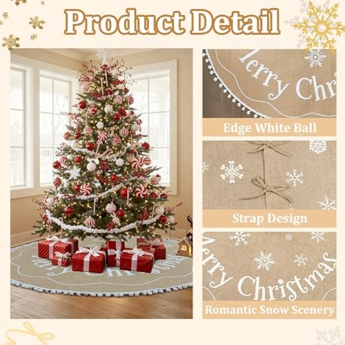 AerWo 72 inch Extra Large Christmas Tree Skirt, Rustic Burlap Tree Skirt Vintage Xmas Cover for Christmas Party Mat Indoor Outdoor Fall Holiday Family Winter Farmhouse Decorations - Image 3
