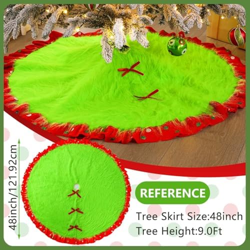 Hollowfly Red and Green Christmas Tree Skirt Furry Plush Lime Green Christmas Tree Skirts Whimsical Xmas Decorations Holiday Glittering Dot Mat Faux Round Carpet for Home Xmas Party Decor(48 Inch) - Image 2
