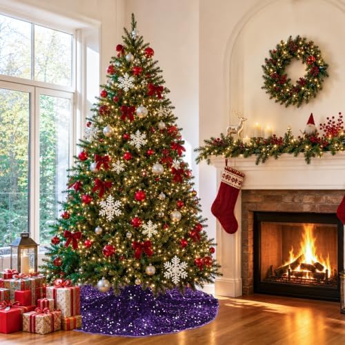 Purple Christmas Tree Skirt Large Sequin Trees Skirt 48 Inch Velvet Tree Skirts Halloween Tree Skirt Collar Merry Christmas Trees Skirt for All Seasons Purple Christmas Decor - Image 4