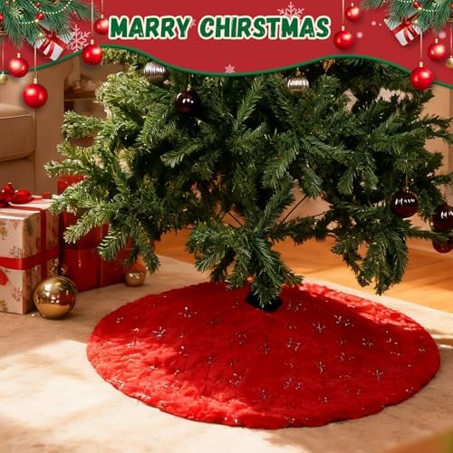 Christmas Tree Skirt Red, 36 Inch Large Soft Plush Xmas Tree Skirts, Double Layer Luxury Tree Skirt w/Silver Snowflake Sequin, Christmas Trees Decoration for Holiday Party Indoor Party Home Decor - Image 4