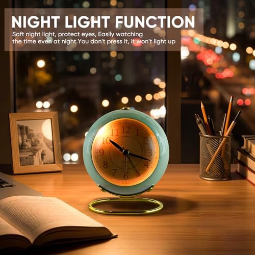 Analog Alarm Clocks,Retro Backlight Cute Simple design Small desk Clock With Night Light,Silent Non-Ticking,Battery Powered,For Kids,teens,Bedroom,travel,kitchen,Bedside Desk decor. (Nostalgic Green) - Image 3