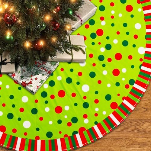 Christmas Tree Skirt 48 Inches, Velvet Stripes Trimmed Tree Skirt with Red Green White Polka Dots Design for Holiday Party Decor - Image 3