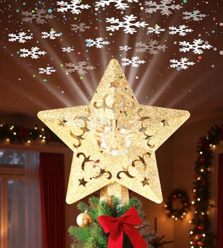 Christmas Tree Star Topper, Built-in Led 360° Rotating Snowflake Projector Pentagram Plug in Christmas Tree Ornament for Indoor Office Xmas New Year Holiday Tree Decor (Golden) by Tenmiro