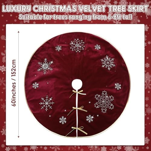 Burgundy Velvet Tree Skirt 60 Inch, Gold Snowflake Rhinestone - Image 2