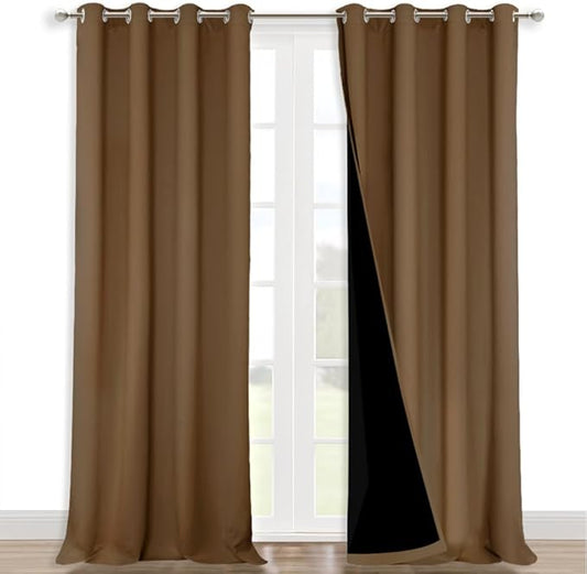 NICETOWN 100% Blackout Curtains for Windows, Pack of 2, Gold Brown, 52" W x 102" L, Super Heavy-Duty Black Lined Total Darkness Drapes for Bedroom, Privacy Assured Window Treatment for Patio