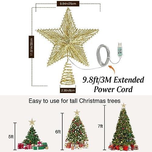 Lewondr Lighted Christmas Star Tree Topper with Remote & Timer, Shiny Gold - Image 4