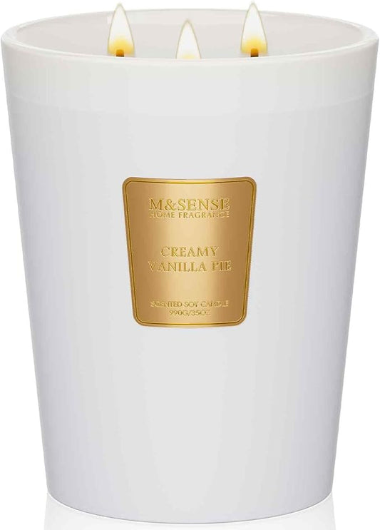 M&SENSE Creamy Vanilla Soy Large Candles, 3-Wick 35oz 150H Long Lasting, Aromatherapy Candle for Bedroom Stress Relief New Year Home Refresh