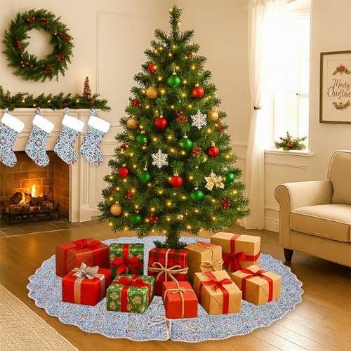 Ridhi Airforce Blue Hand Block Print Cotton Christmas Tree Skirt 60 Inch - Image 2