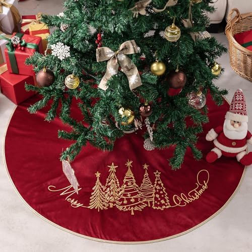 CROWNED BEAUTY 50 Inch Red Velvet Christmas Tree Skirt, Tree Embroidery - Image 5