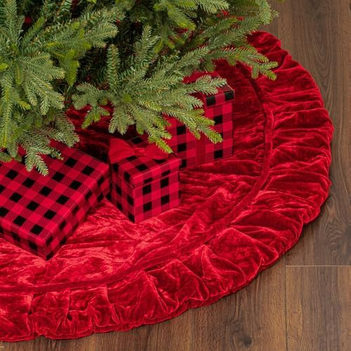 Vickerman 60" Plush Velvet Fabric Christmas Tree Skirt in Red - Image 5