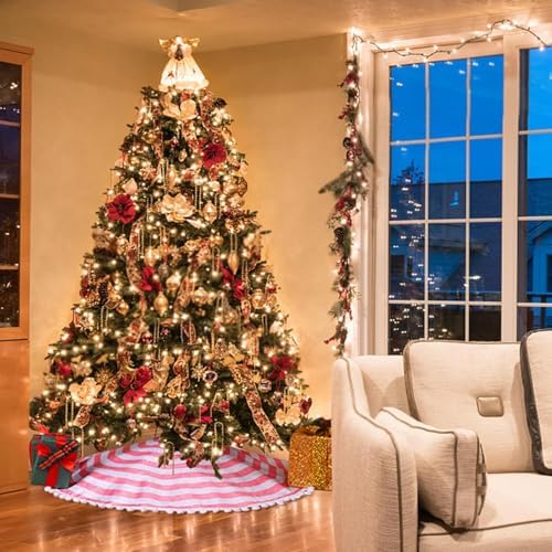 48 Inch Pink and White Christmas Tree Skirt with Pom Poms - Image 3