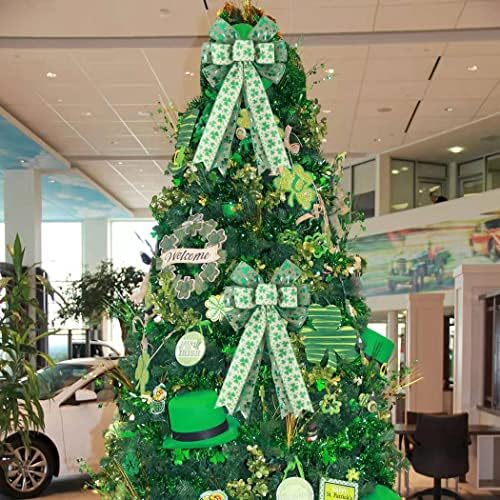 St Patricks Day Bow for Wreath Decorations,St Patricks Day Tree Topper Bows,Large Burlap White Green Glitter Shamrock Bowknot Irish Holiday Crafts Bows for Front Door Outdoor Outside - Image 5
