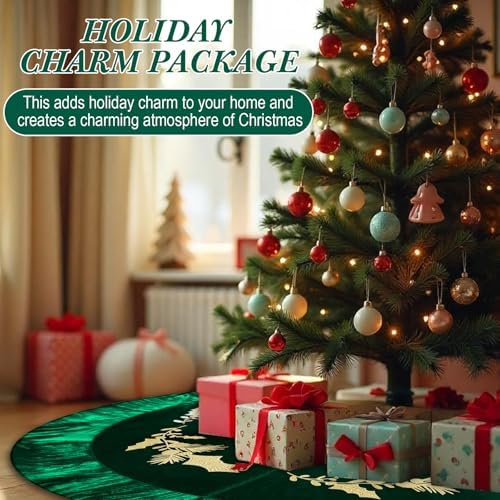 48 Inches Velvet Christmas Tree Skirt Decorations Green Luxury Xmas Fur Plush Skirts with Gold Embroidered Holly for Merry Christmas Party Rustic Vintage Holiday Home Winter - Image 4