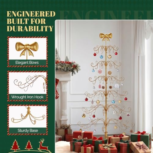 VINGLI 6ft Metal Christmas Ornament Tree Stand w/Bow Topper, 192 Branches, Decorative Iron Display Tree for Hanging Ornaments, Wrought Iron Christmas Tree Decoration for Holiday Home Decor, Gold - Image 5