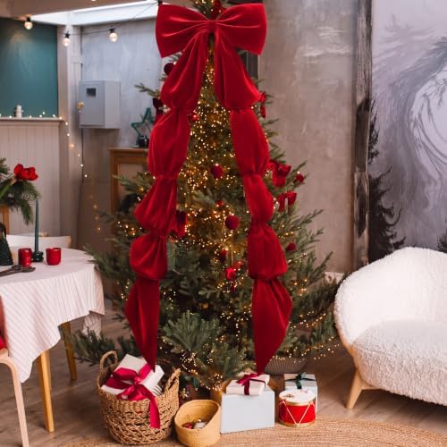 Knitgrip Extra Large Velvet Christmas Tree Topper Bow, Red, 118 Inch - Image 4