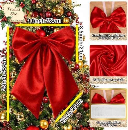 Big Red Bows for Christmas Tree Topper, 23x11 in Ruby Red Satin Bow Christmas Tree Decorstions for Hoom Wall Backdrop Room as Crib Skirt for Holiday Bow Decor Xmas Valentine's Day (Heavyweight Satin) - Image 2