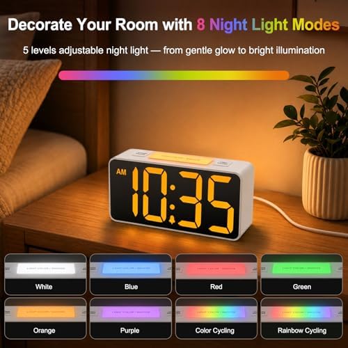DreamSky Small Digital Alarm Clock with Night Light for Kids Bedroom | RGB Desk Clock with Large Numbers for Teens Boys, Brightness Dimmer, Adjustable Alarm Volume, USB Port, USB-C Adapter Powered - Image 4