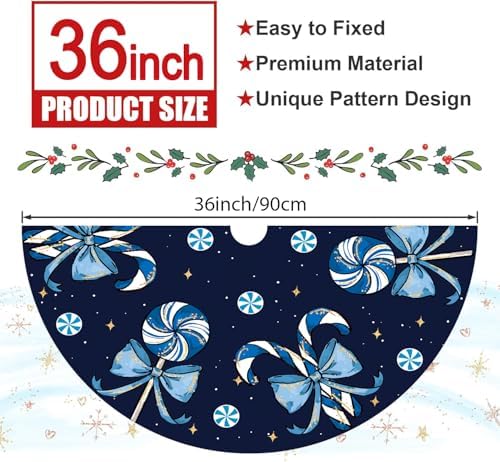 Christmas Tree Skirt Blue Tree Skirts Candy Cane Decorations Xmas Tree Skirt Tree Mat 36 Inch Winter Christmas Decor for Home - Image 3
