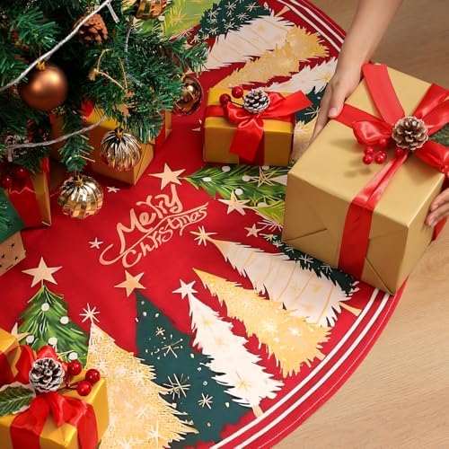 Multiwins Christmas Tree Skirt 48 Inch, Red Christmas Tree Skirt with Christmas Tree and Star Design, Thick Flannel Fabric, Xmas Tree Skirt for Holiday Decorations - Image 2
