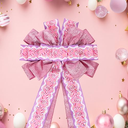 Christmas Tree Topper Wreath Bow Large Pink Christmas Bow Tree Topper 52"x13" Pink Cane Glitter Satin Ribbon Patterned Gift Bows for Xmas Holiday Home Wedding Thanksgiving Indoor/Outdoor Decoration - Image 3