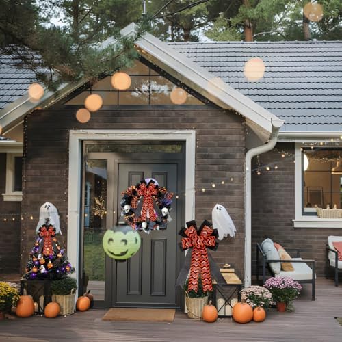 Large Halloween Tree Topper Bow, Orange Black Chevron Wreath Bow - Image 4