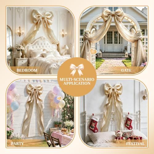 Big Satin Bow Coquette Room Decor, 16x79 Inch Large Christmas Bows for Birthday Decorations, Christmas Tree Topper, Girl Room Decor, Bachelorette, Wedding, Baby Shower, Front Door, Wreath (Khaki) - Image 5