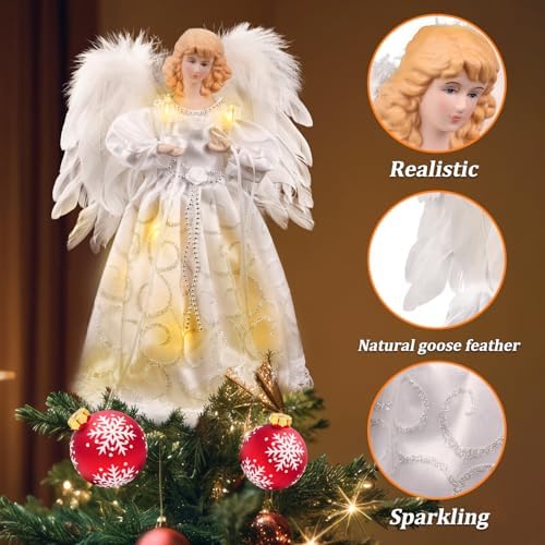 Christmas Tree Topper with Lights | 12.5 inch White Angel Tree Topper - Image 2