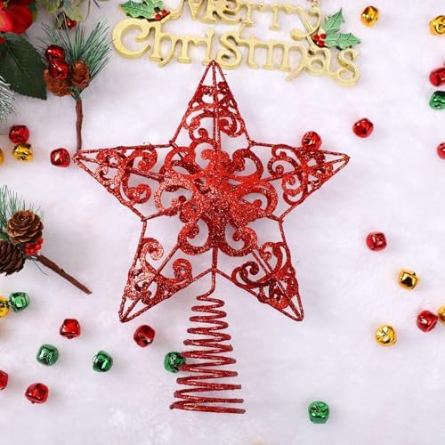 Aneco 10 Inches Metal Glittered Christmas Tree Topper Star Treetop Decoration for Christmas Home Decor, Red - Image 3