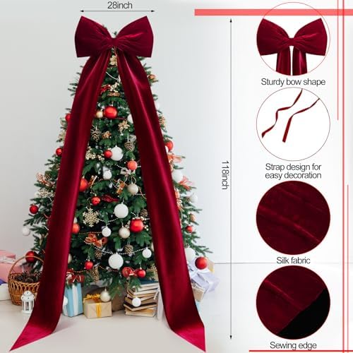 Knitgrip Extra Large Velvet Christmas Tree Topper Bow, Burgundy, 118 Inch - Image 3