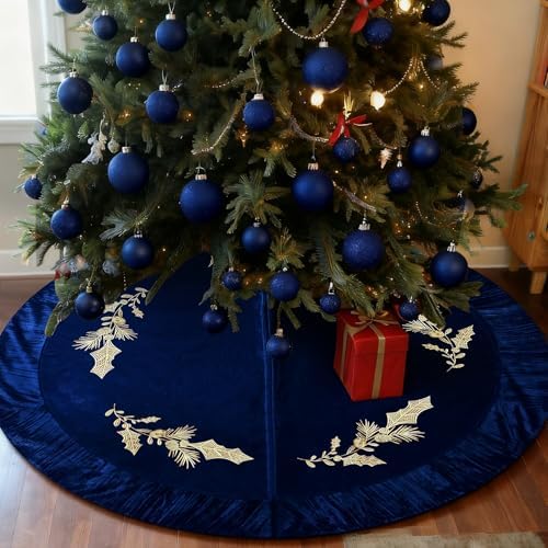 48 Inches Velvet Christmas Tree Skirt Decorations Dark Blue Luxury Xmas Fur Plush Skirts with Gold Embroidered Holly for Merry Christmas Party Rustic Vintage Holiday Home Winter by QIJISTORM