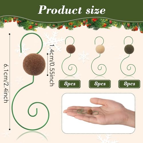 Cinnvoice 24 Pcs Velvet Christmas Ornament Hooks Christmas Tree Decorative Shaped Hangers Green Wire Swivel Ornament Metal Hooks with Velvet Beaded for Crafts Xmas Tree Decoration - Image 2