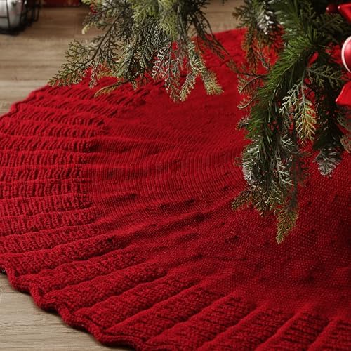 NIBESSER Red Knit Christmas Tree Skirt 48" for Christmas Decorations - Yarn Thick Rustic Cable Knit Tree Skirt Mat for Home Party Holiday Ornaments by NIBESSER