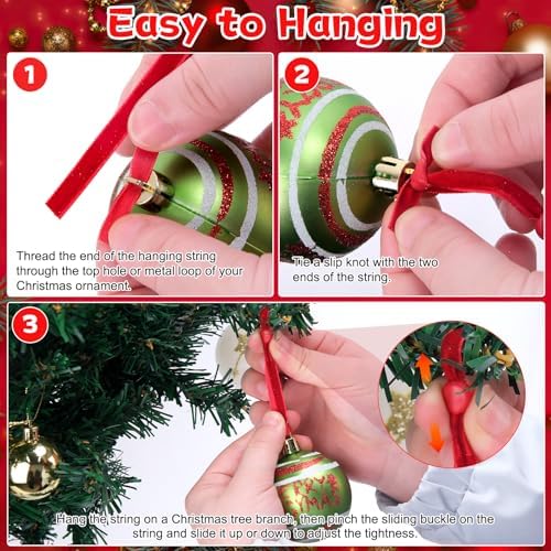 Hysagtek 120 Pcs Christmas Velvet Ornament Strings - Adjustable Ornament Hooks Non Slip Hangers Hooks for Christmas Tree Decorations(Red, Green, Brown, Khaki, Grey, Beige) - Image 2