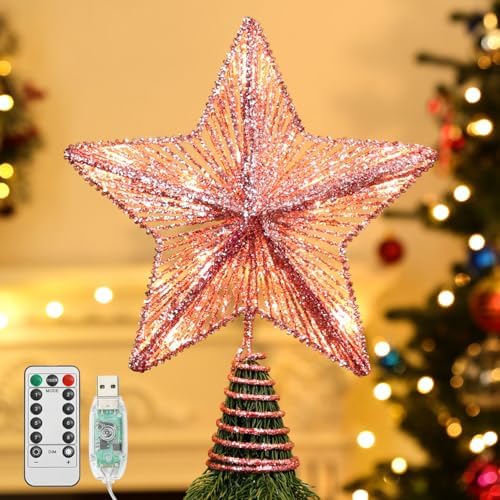 Lewondr Lighted Christmas Star Tree Topper with Remote & Timer, Pink by Lewondr