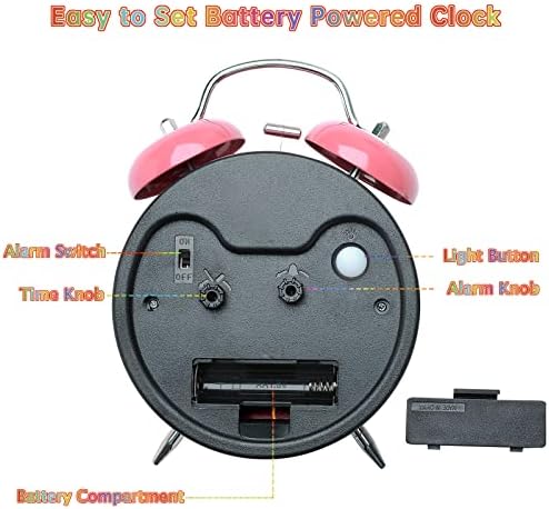 Peakeep Learning Clock for Kids Time Teaching, Loud Alarm to Wake Up | 4.5" Twin Bell Alarm Clock Battery Operated for Teenagers Kids, Kids' Room (Pink) - Image 5