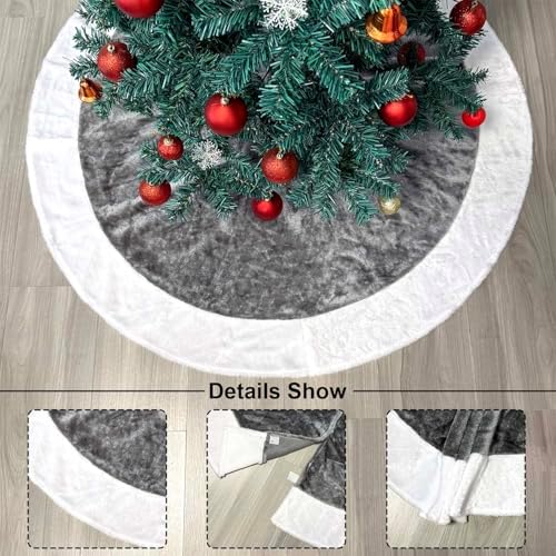 48 Inch Silver Tree Skirt Grey Christmas Tree Skirts Elegant Faux Fur Quilted Trees Skirt Soft Fluffy Plush Xmas Trees Skirts Rug Mat for Christmas Indoor D??cor New Year Decorations Outdoor - Image 3