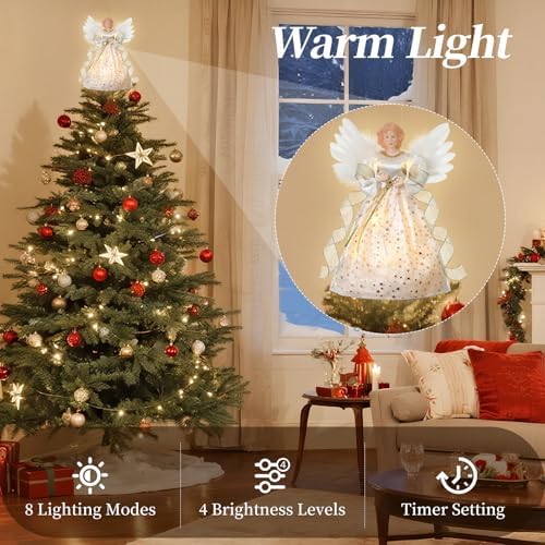 Lewondr Christmas Tree Topper Angel, 12" Lighted Angel Tree Topper with 8 Modes, 6H Timer Angel Figurine Christmas Tree Top Wings, Remote & USB Powered Xmas Decor for Tree Tabletop Home, Gold - Image 2