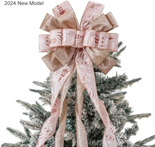 Christmas Tree Topper, 40x13 Inches Toppers Bow with Glitter Satin Mesh Streamer and Patterned Ribbon, Christmas Tree Topper Bow for Christmas Home Decoration (Rose Gold) - Image 2