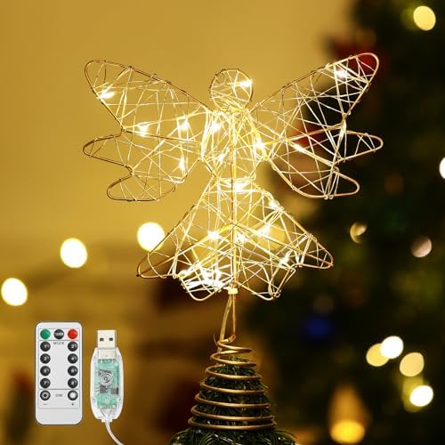 Lewondr Christmas Tree Topper Angel, 9.8" Lighted Metal Angel Treetop, Gold by Lewondr