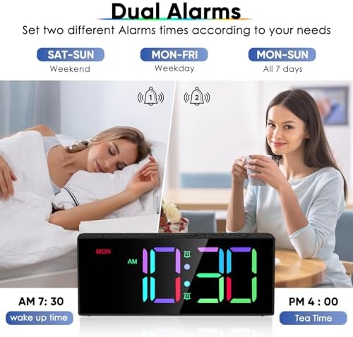 Tetino Alarm Clock for Heavy Sleepers, Digital Clocks with Adjustable Volume Brightness,Snooze,Battery Backup, Large Numbers Display RGB Colorful Changing Clock for Bedrooms,Office Living Rooms - Image 2
