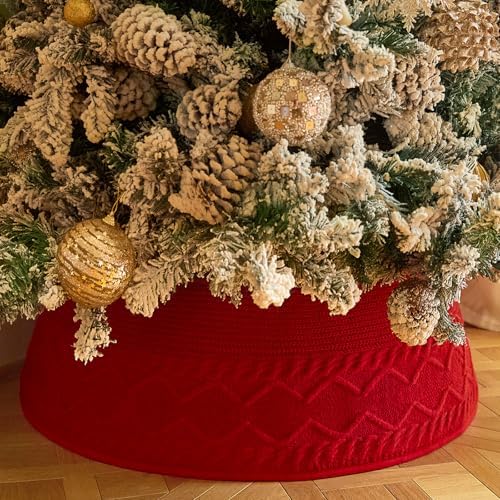 Noiclub Christmas Tree Collar, Adjusted Christmas Tree Base Cover for Artificial Trees, Knit Red Rustic Farmhouse Xmas Tree Ring Skirt for 6ft 6.5 ft 7ft 7.5ft Tree by Noiclub